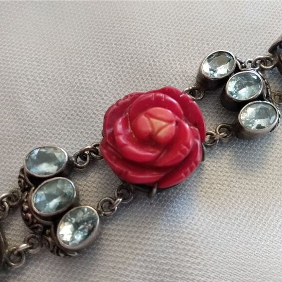 VINTAGE 925 Silver Bracelet with 10 TOPAZ and 3 Red Roses Toggle Closure - Picture 1 of 13